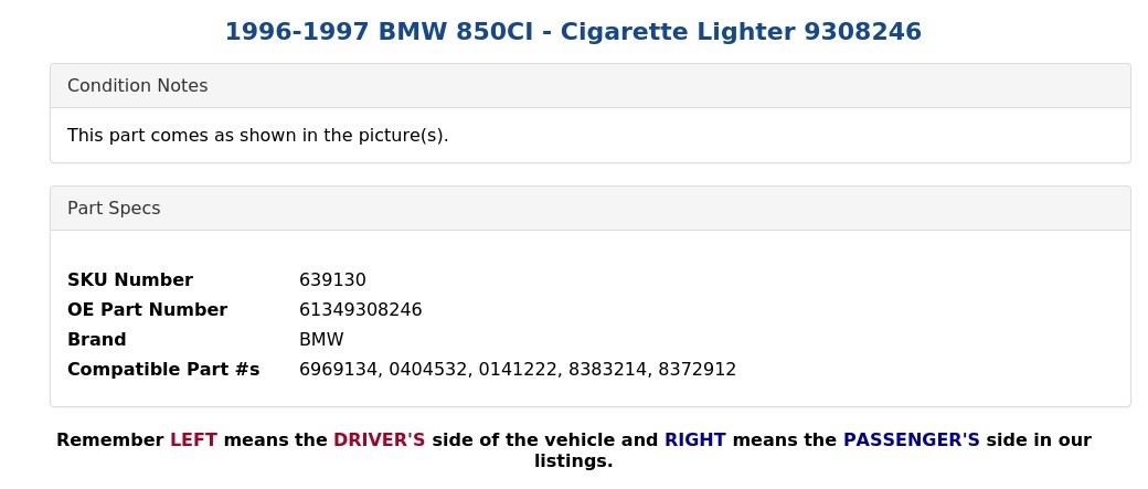 1996-1997 BMW 850CI - Cigarette Lighter 9308246
