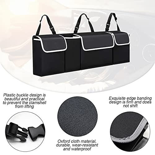 Car Trunk Organizer with Lid, Backseat Hanging Storage Bag with 4 Pockets & 3