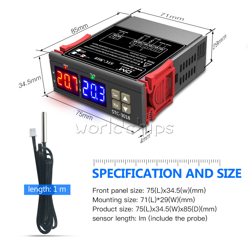 STC-3018 DC 12V Dual LED Display Temperature Controller Sensor Probe Thermostat