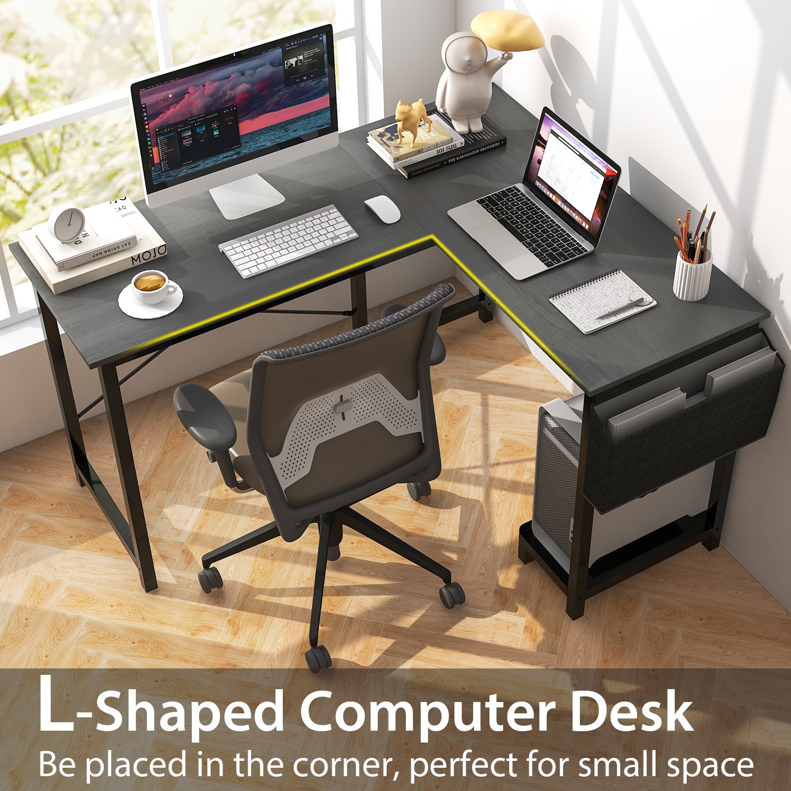 L-shaped Office Desk Corner Gaming Table w/ Storage Pocket & CPU Stand Dark Gray