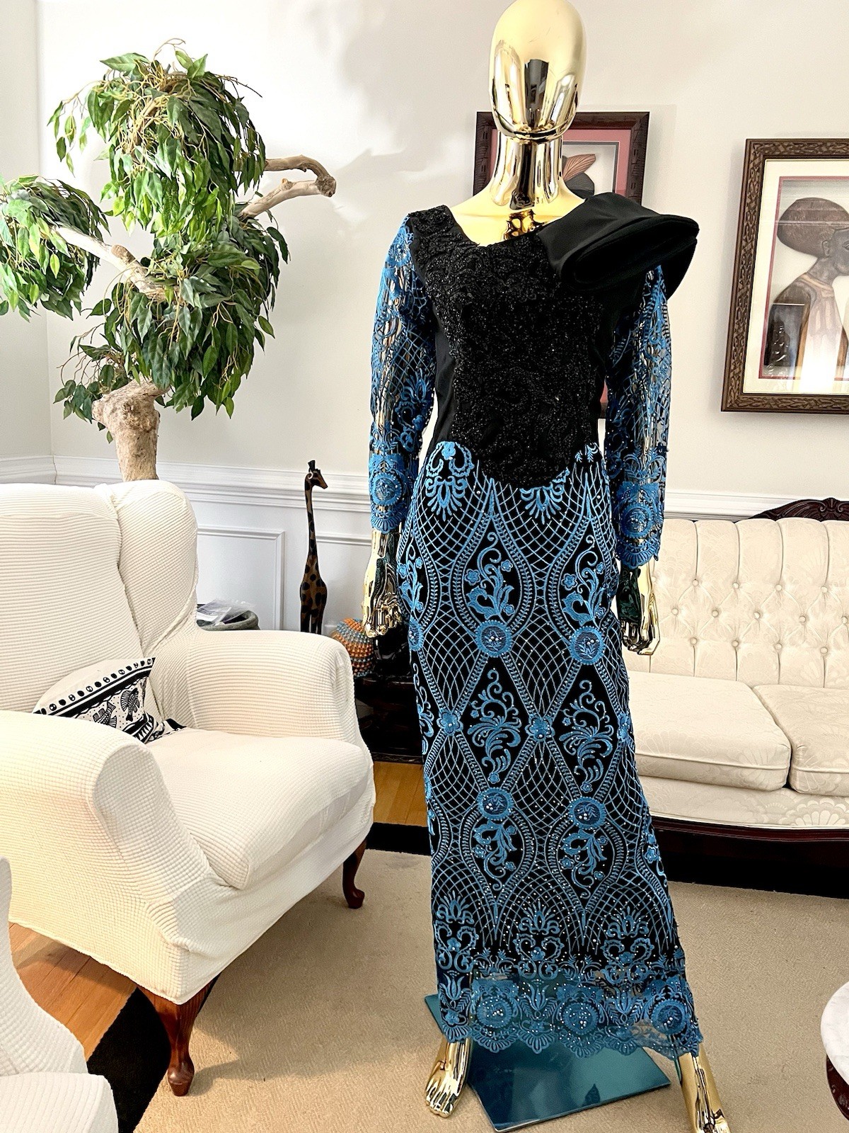 Blue And Black Lace African Long Dress, African Outfits, Nigerian Lace Dress
