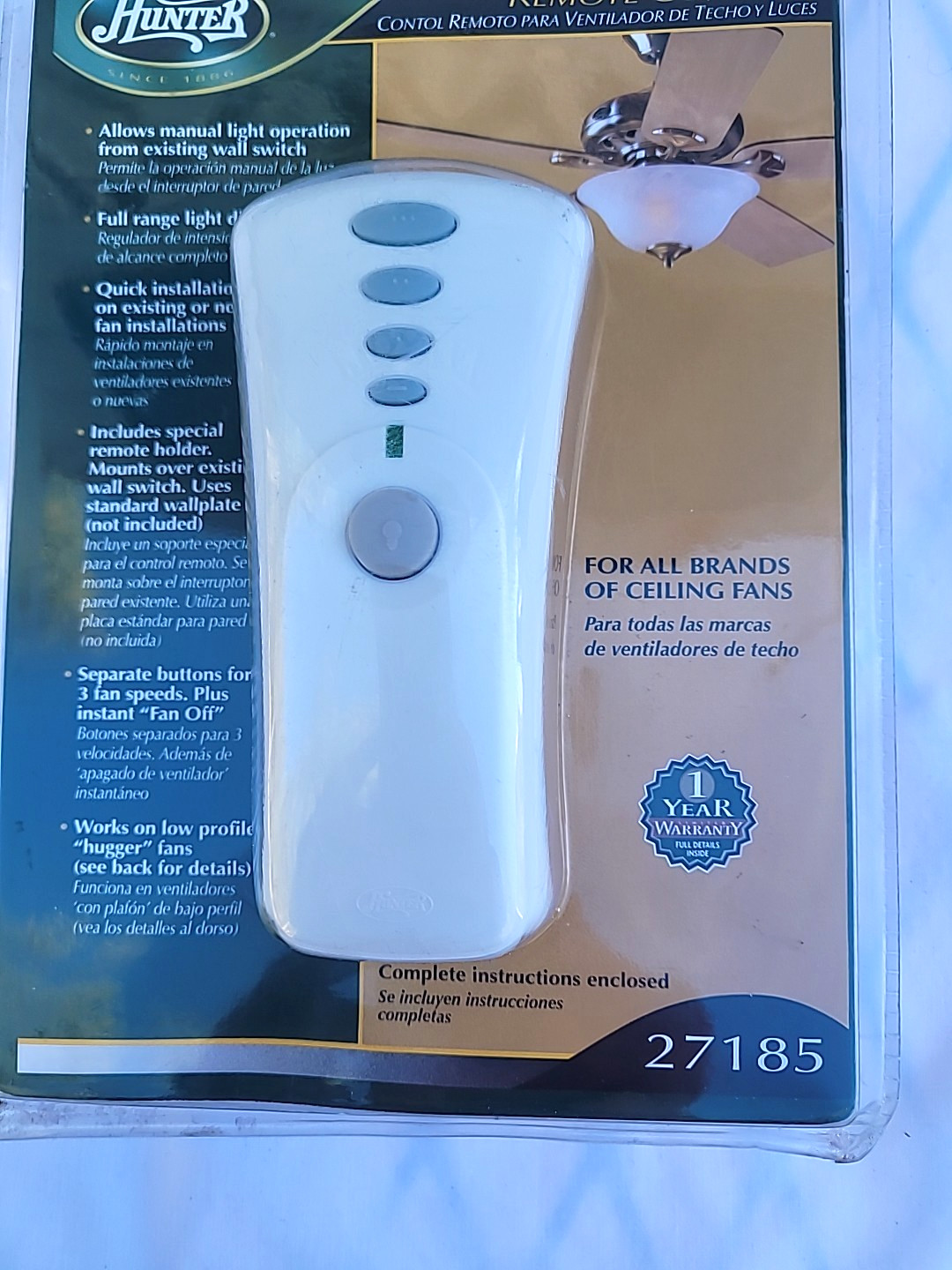 Hunter 27185 Ceiling Fan & Light Remote Control - White