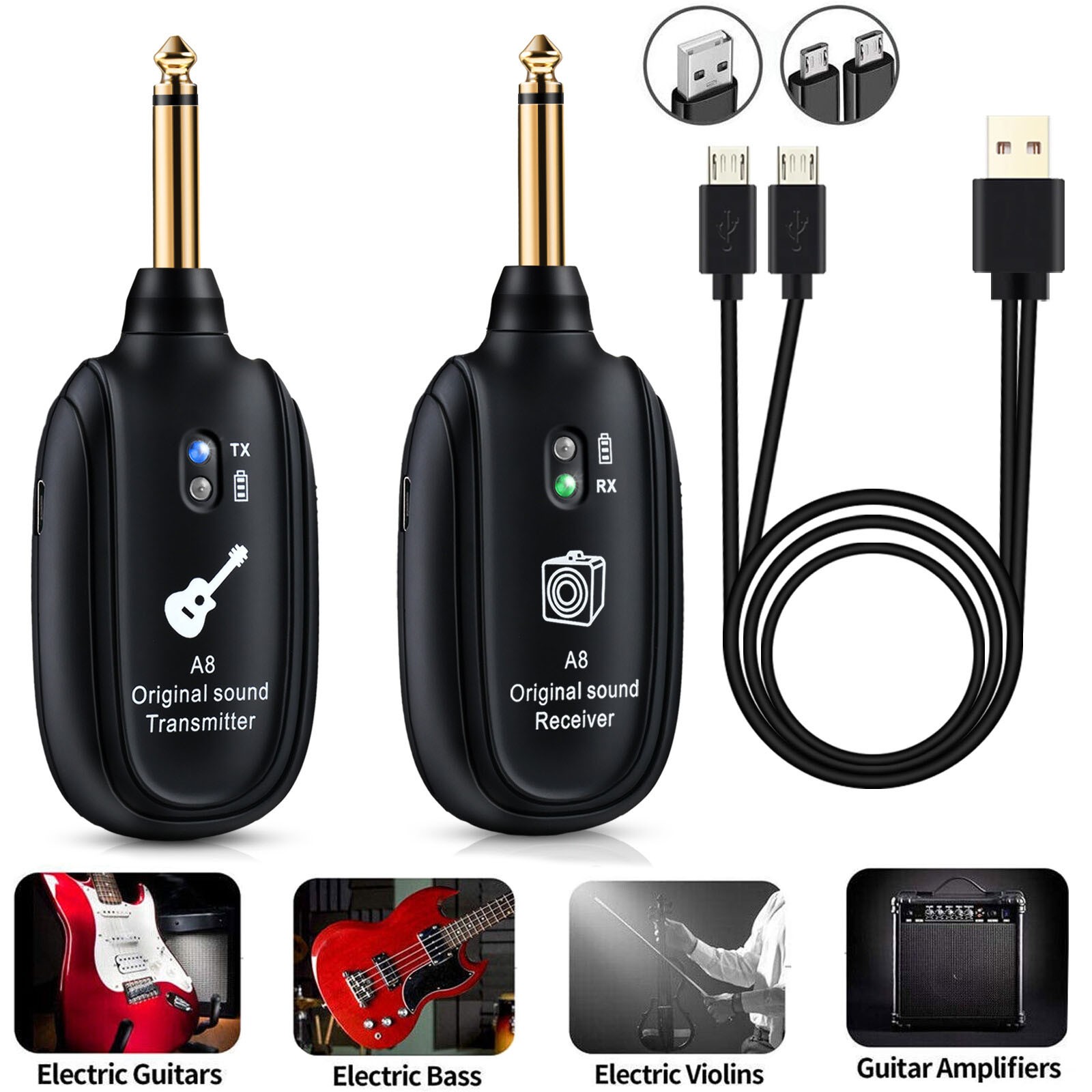 UHF Guitar Wireless System Transmitter+Receiver Built In Rechargeable Battery