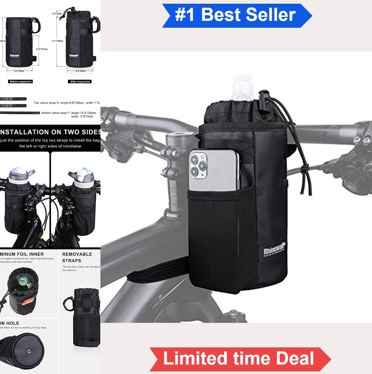 Bike Handlebar Water Bottle Bag 1.2L Insulated Drink Cup Holder Cycling Stem