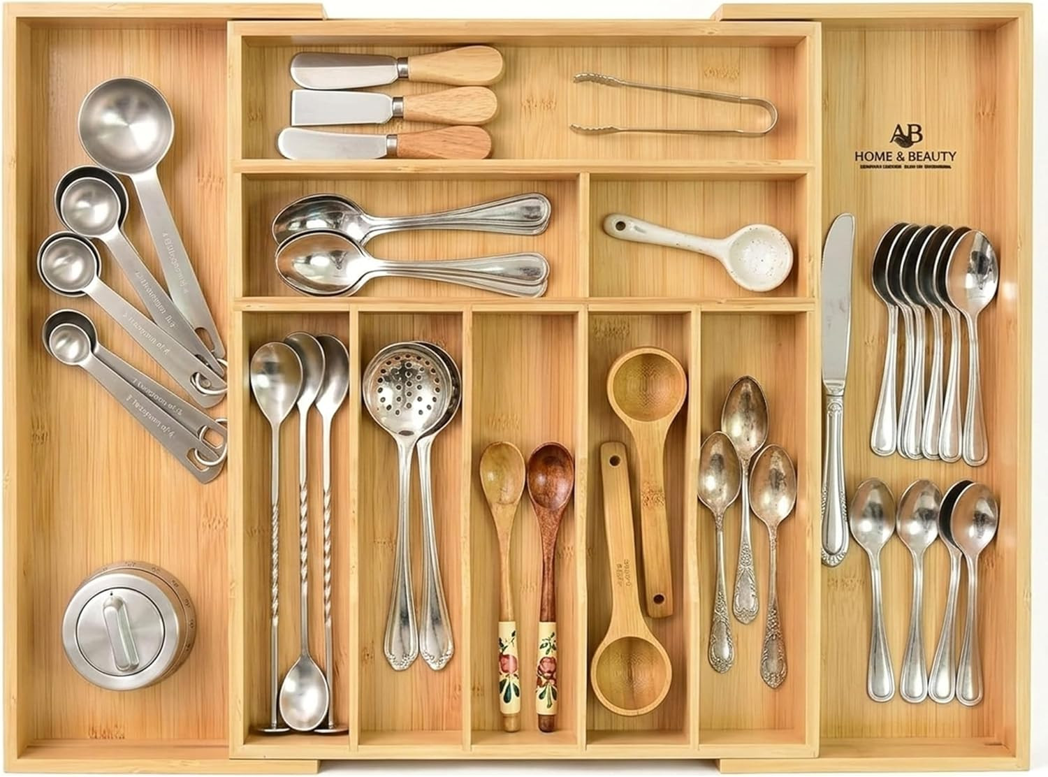 Expandable Bamboo Drawer Organizer for Kitchen Utensils - Adjustable Silverware