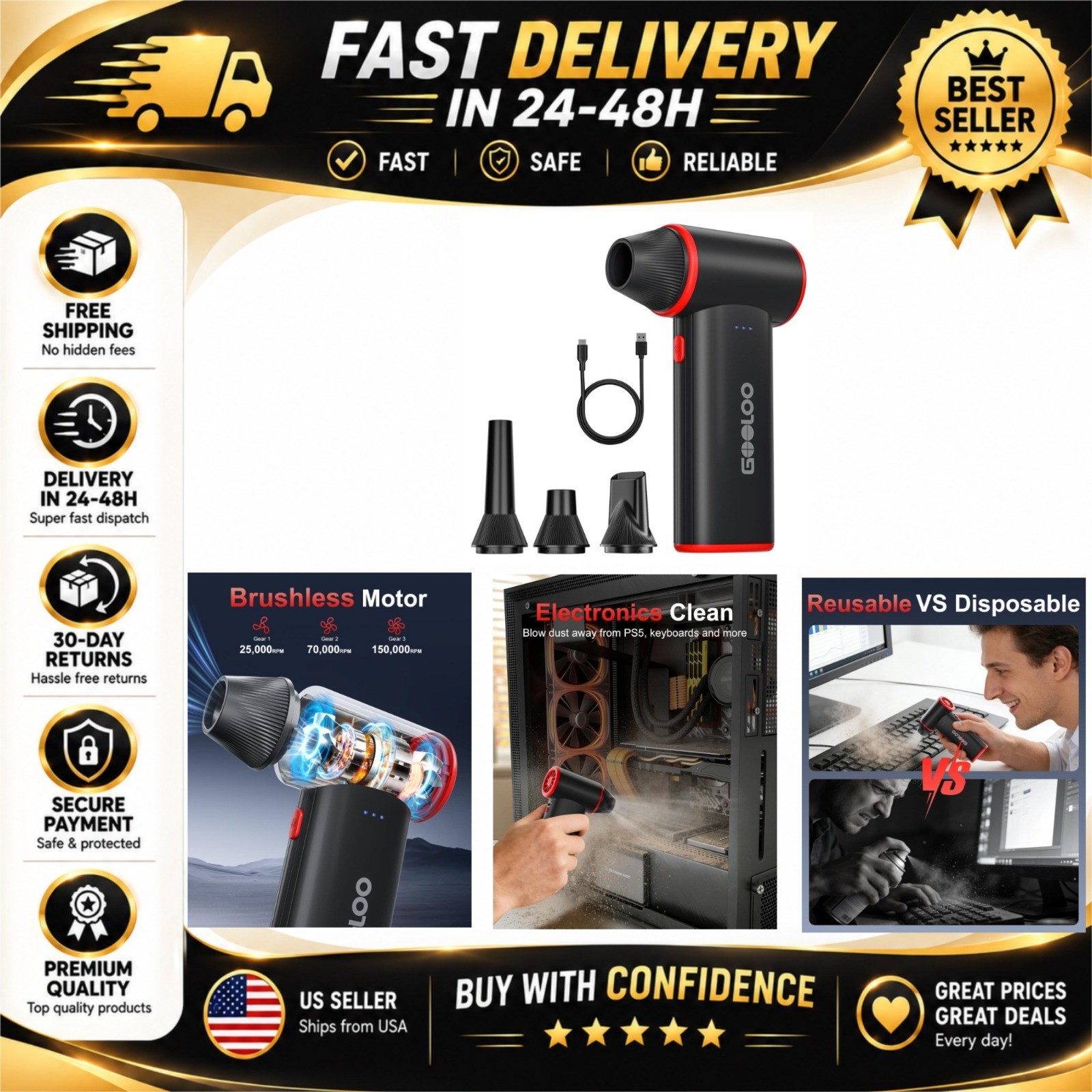 GOOLOO F3 Compressed Air Duster 150000RPM Electric Blower