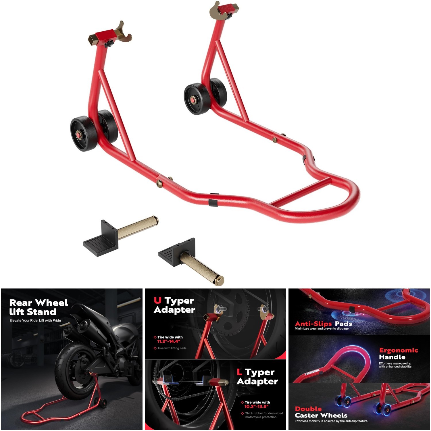 441 Lbs Capacity Rear Wheel Lift U+L Adjustable Swingarm Spool Red Heavy Duty