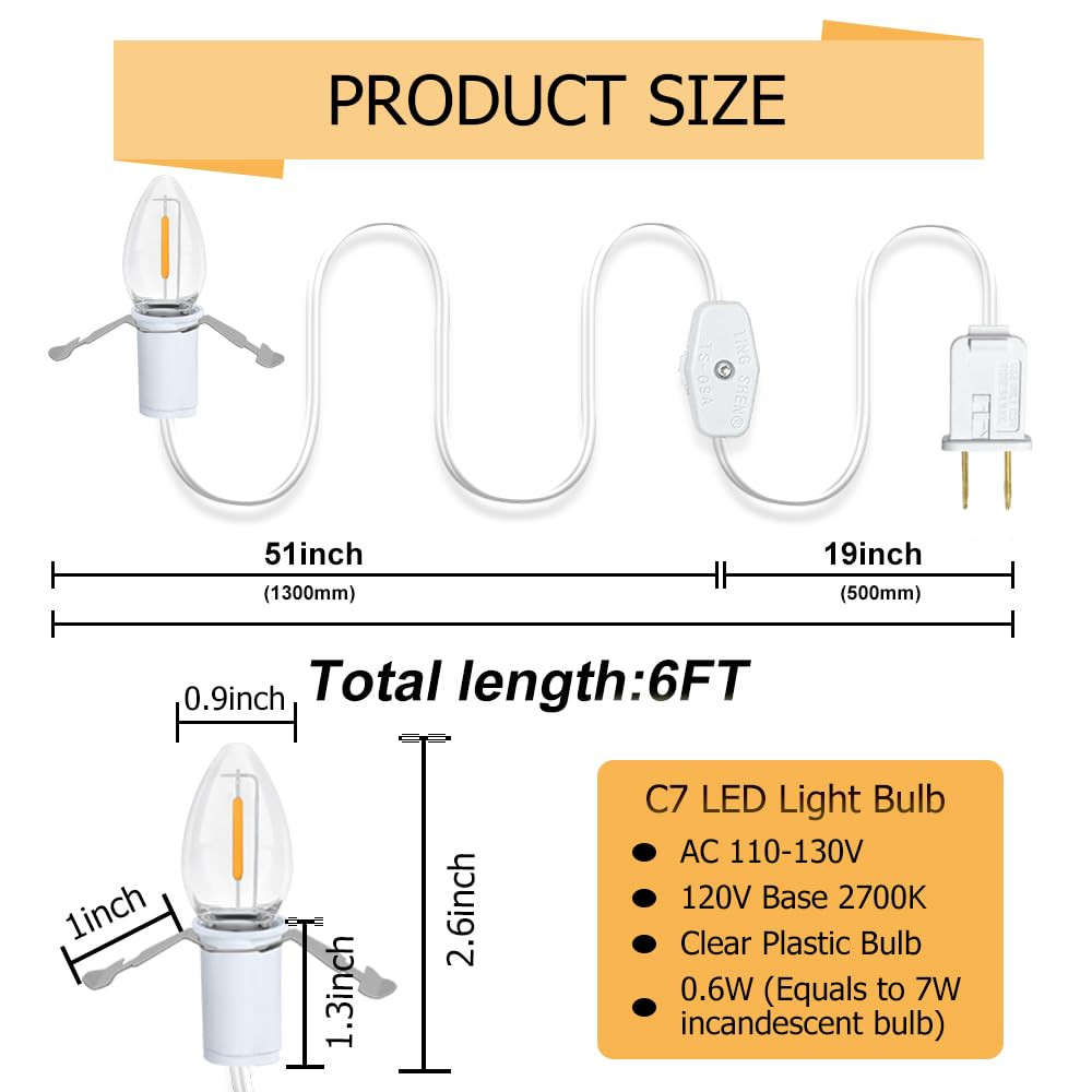 2 Pack 6Ft White Accessory Cord with C7 LED Bulbs, E12 Socket Lamp Cord with On/