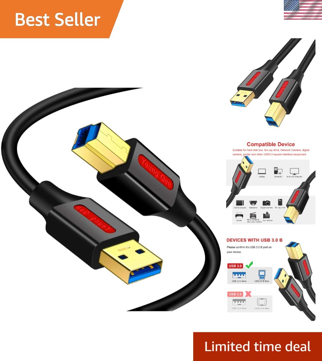 15ft USB 3.0 A to B Male Cable - High Speed, Durable & Compatible with Printers