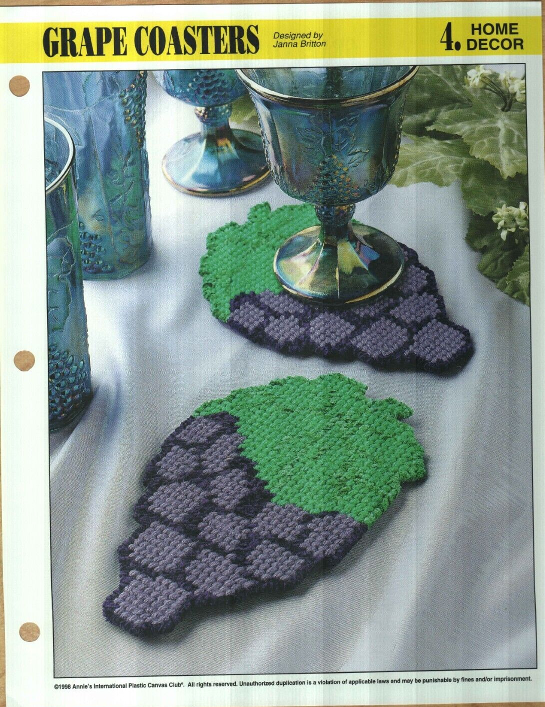 NEW GRAPE COASTERS HOME DECOR ANNIE'S PLASTIC CANVAS PATTERN INSTRUCTIONS