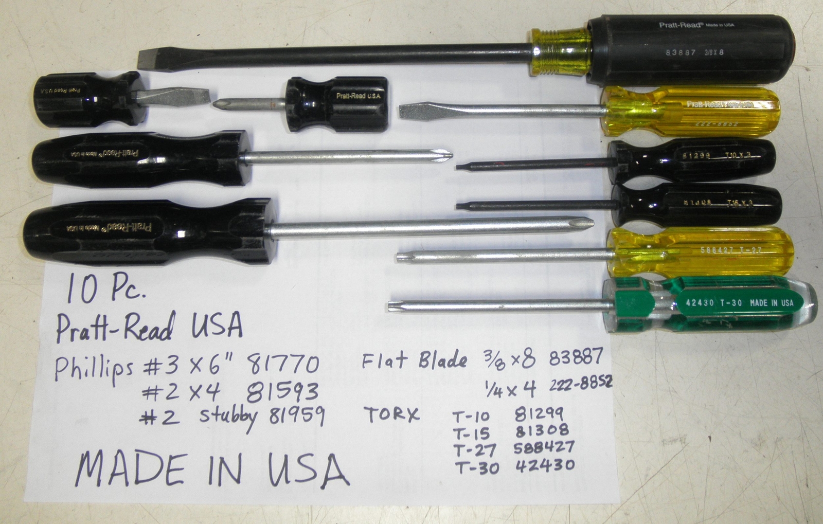 10 Pc. Screwdriver Set MADE IN USA Pratt-Read Slotted Phillips Torx Flat Blad...