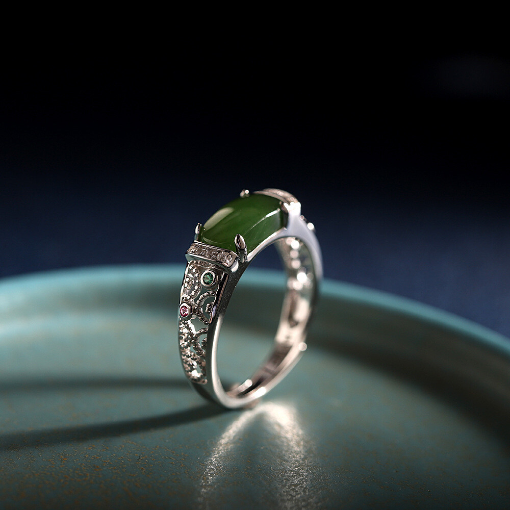 Women's Ring Real 925 Sterling Silver with Natural Green Jade Size 6-8