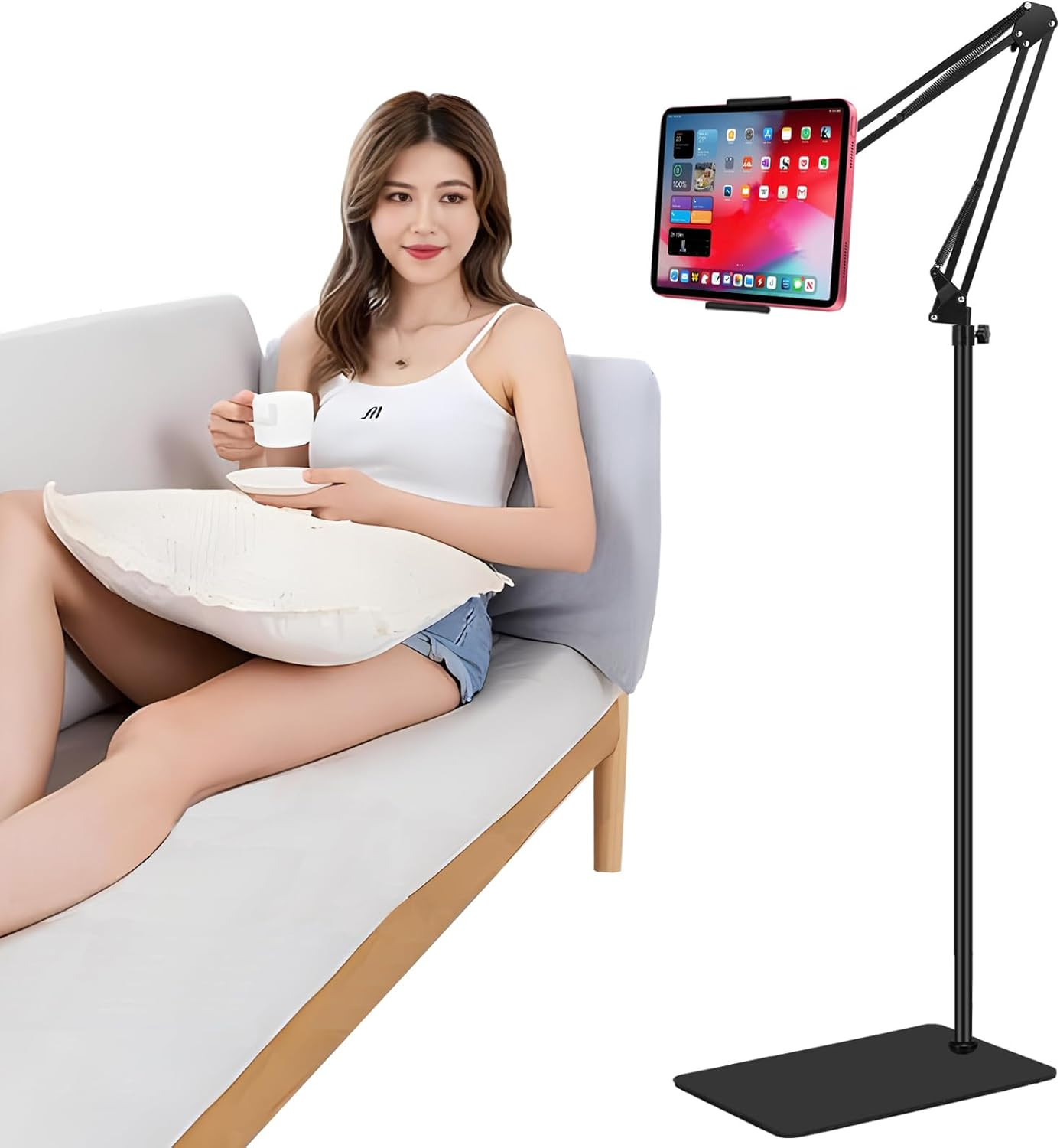 Tablet Floor Stand Double Weighted Base Adjustable Holder for 4.5-13" Devices