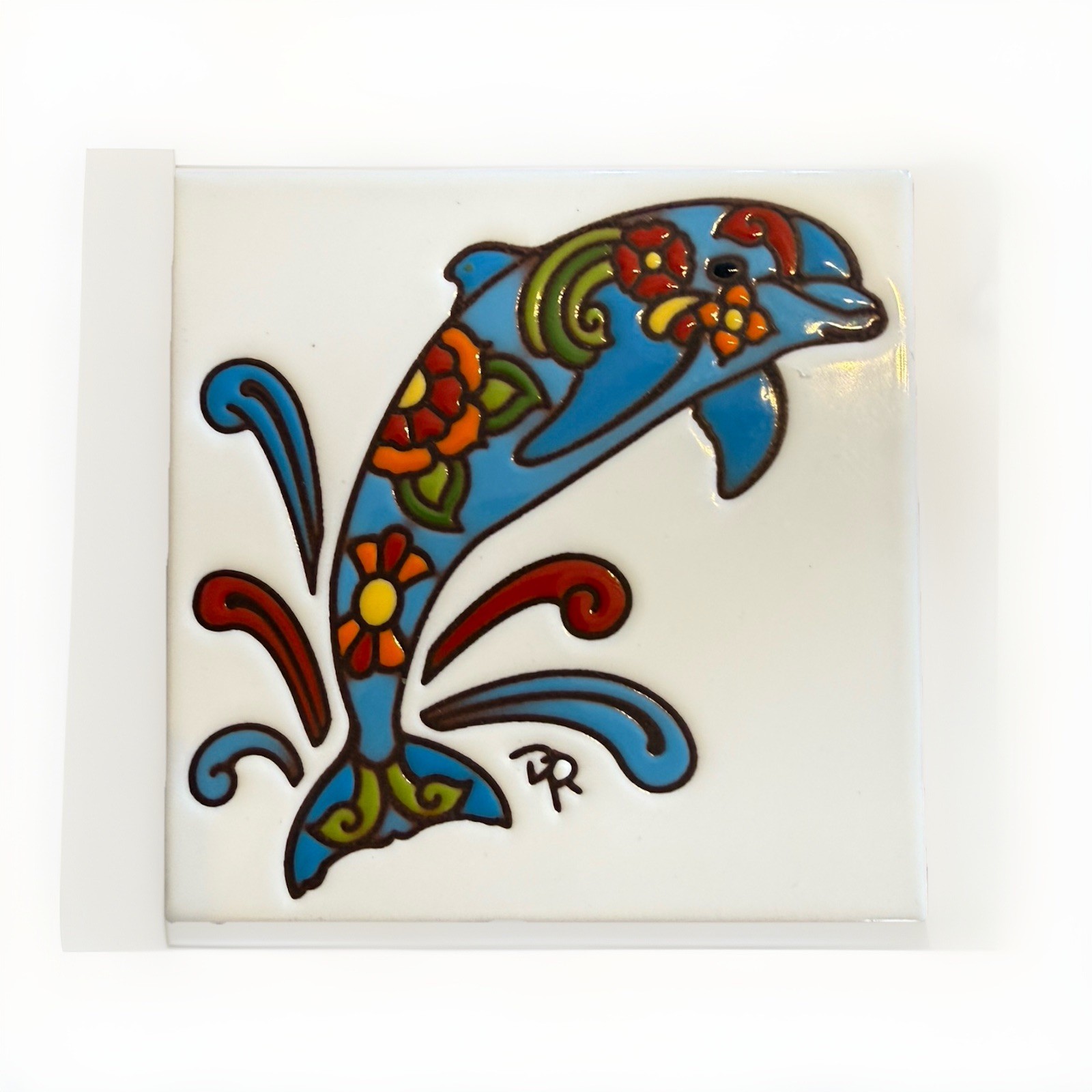 Hand-N-Hand Designs Dolphin Floral 6x6 Red Clay Glazed Tile Trivet USA Arizona