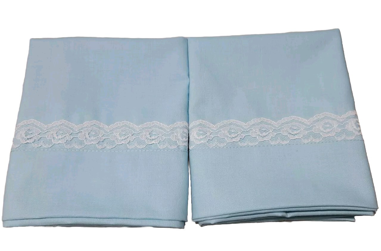 2 Homemade Light Blue Pillowcases W/ Soft White Lace 20 X 30 Stan Queen