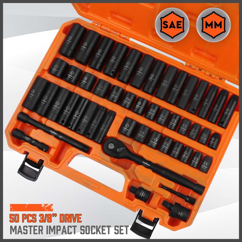 50PCS Impact Socket 3/8" DR Shallow & Deep SAE & Metric w/ Carry Case