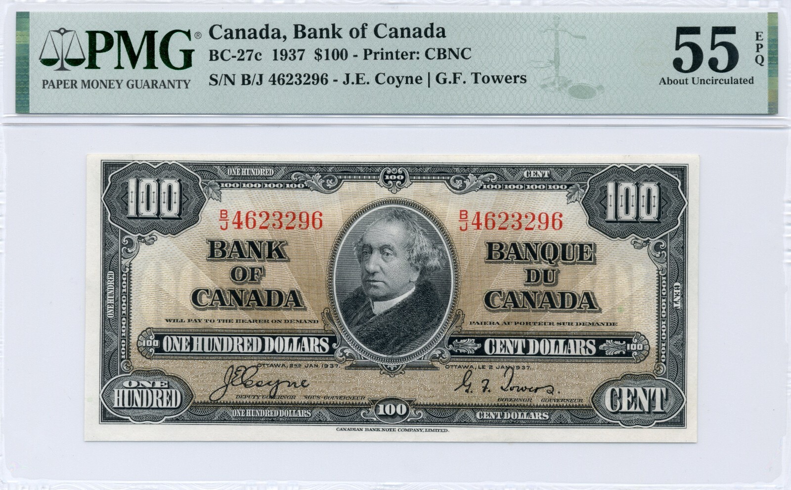 1937 $100 Bank of Canada, BC-27c - Choice About Uncirculated, PMG AU55 EPQ