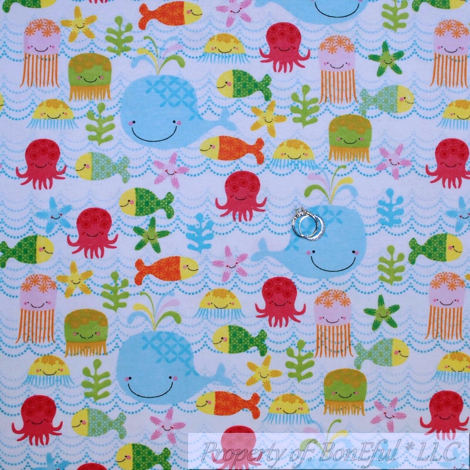 BonEful Fabric FQ Cotton Flannel Quilt White Blue Sea Water Fish Ocean Boy Girl