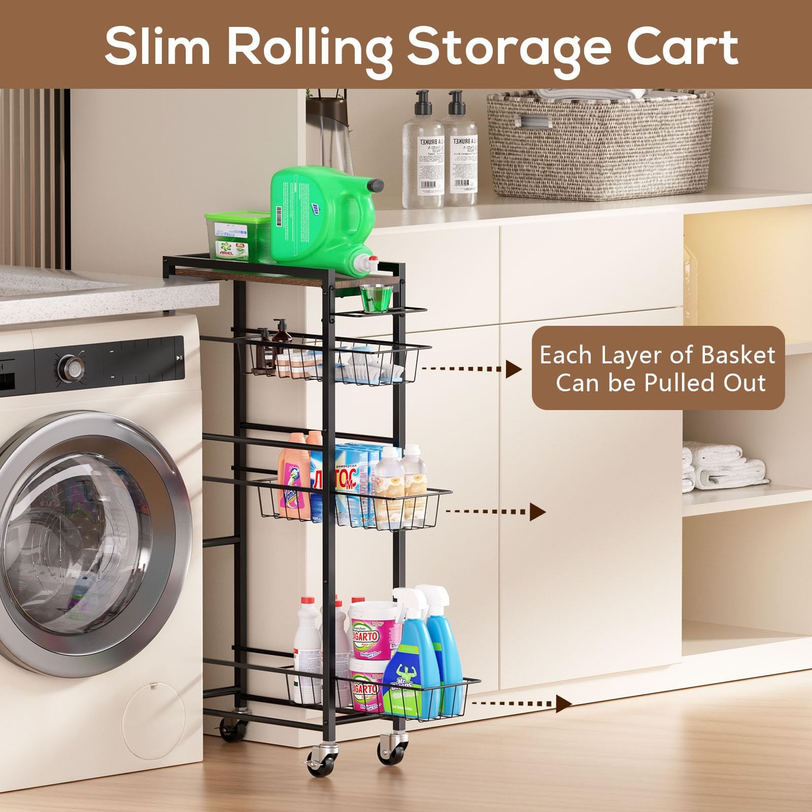 PAPAGIFTREE 4 Tier Slim Rolling Storage Cart with Pull-Out Baskets, Narrow Sl...