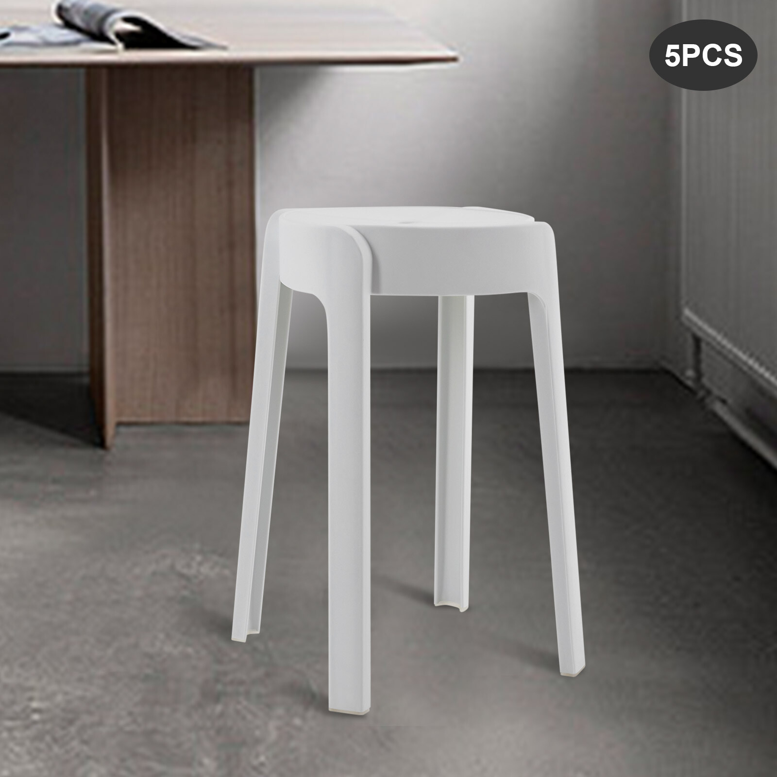 Plastic Stools 18'' Counter Height Kitchen Bar Chairs Set of 5 Stackable White