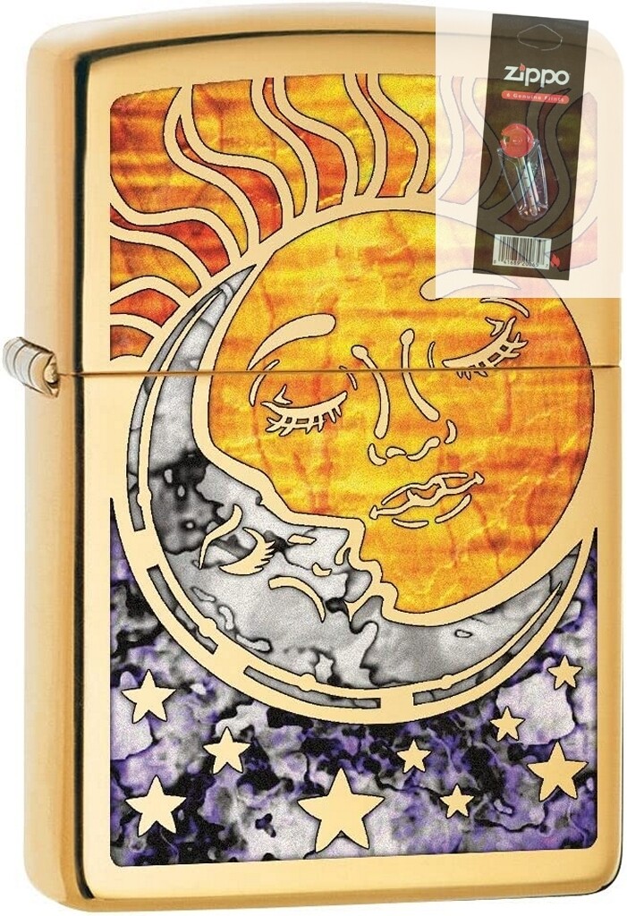 Zippo 55042 Fusion Sun and Moon High Polish Brass  Lighter + FLINT PACK