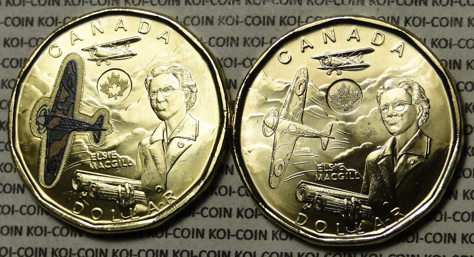 BU 2x 2023 Canada Honouring Elsie MacGill coloured plain $1 dollar loonie coins