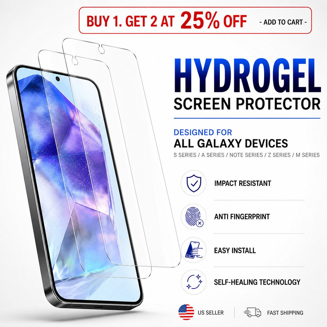 Samsung Galaxy Screen Protector Hydrogel HD Clear Full Coverage 1 Pack