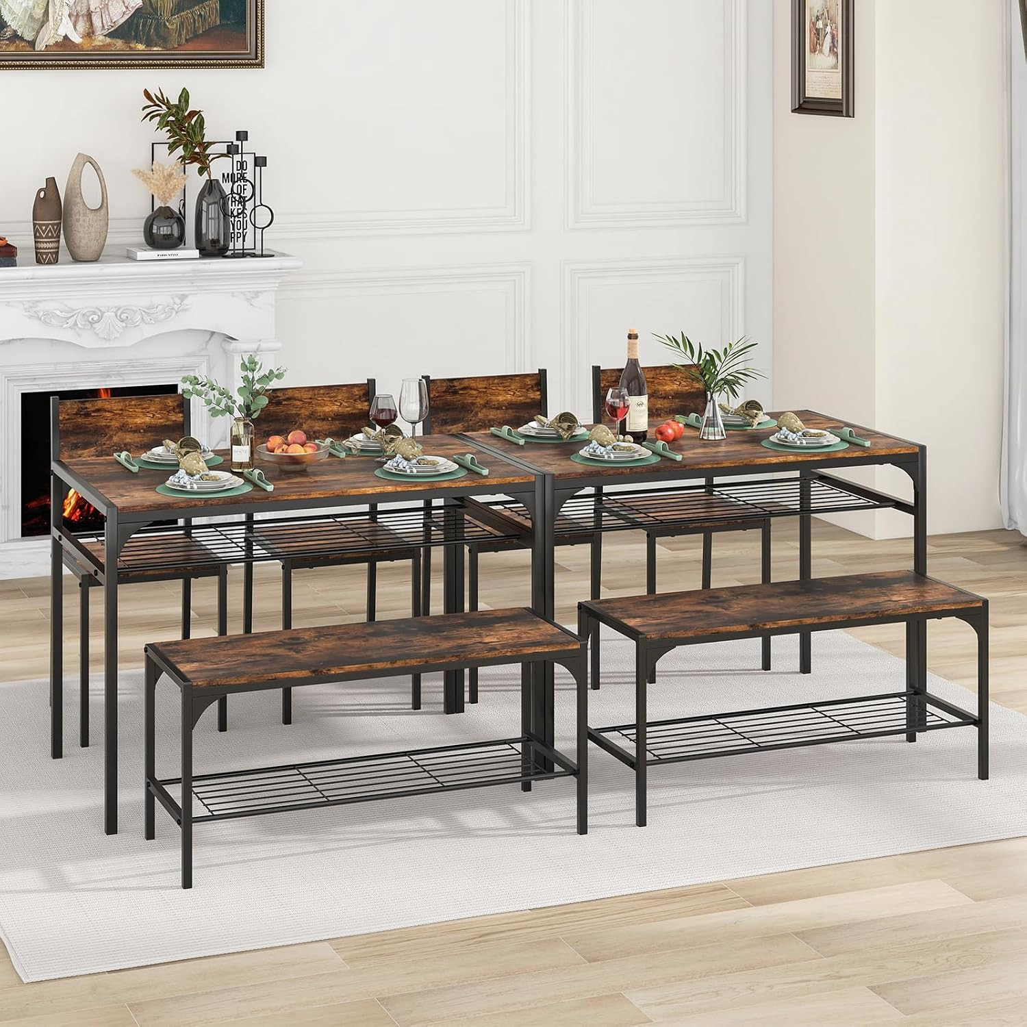 Dining Table Set for 4, Kitchen Table with Chairs & Bench, Storage Racks, Metal