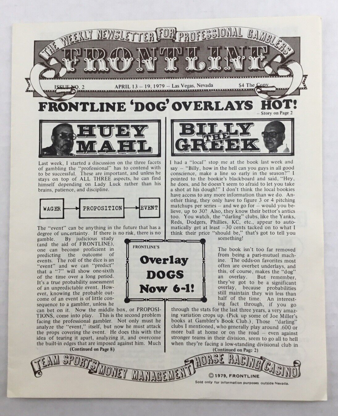 No 2 Frontline April 6 1979 Huey Mahl Las Vegas Newsletter Professional Gamblers