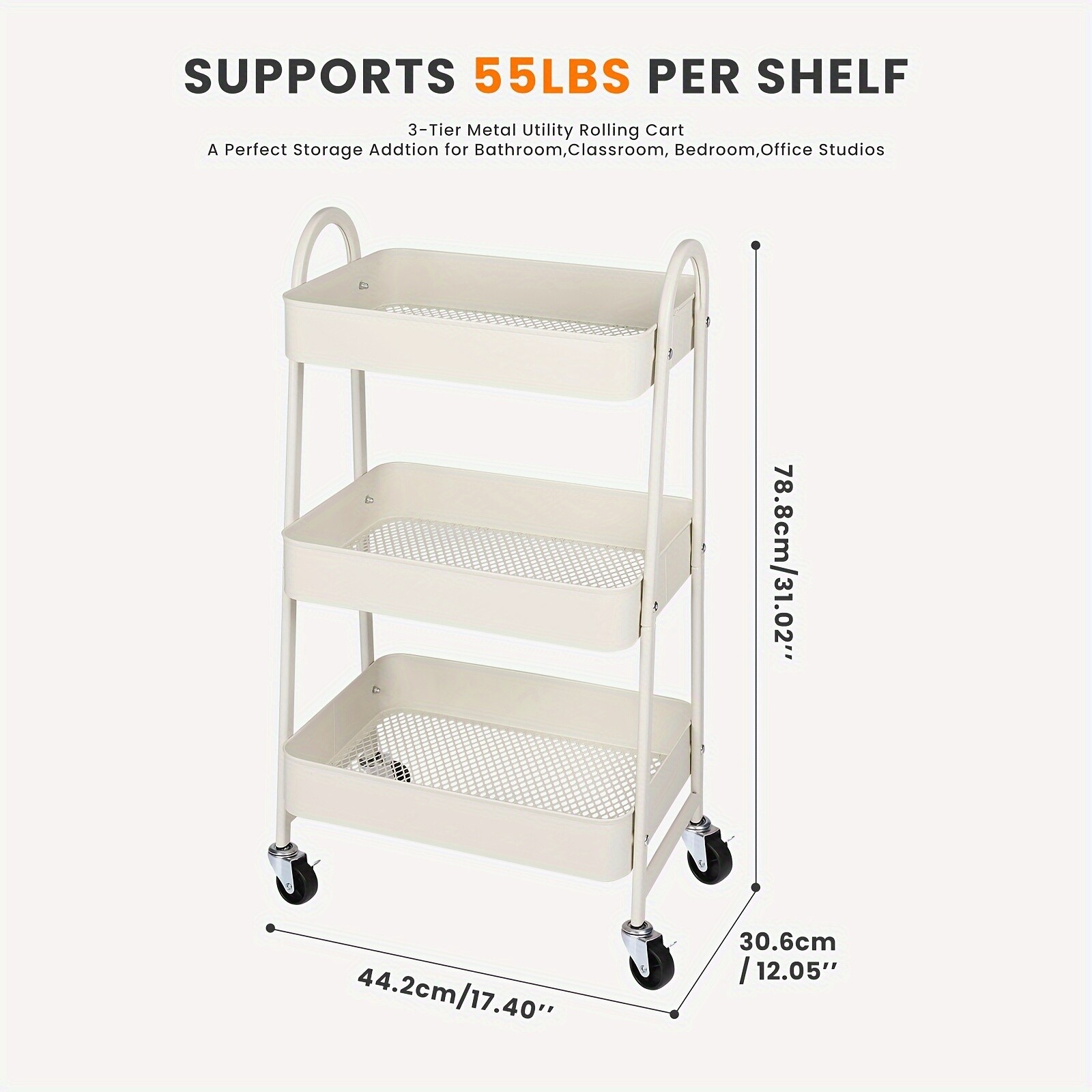3-Tier Rolling Kitchen Cart, Metal Frame with Plastic Wheels, Space-Saving