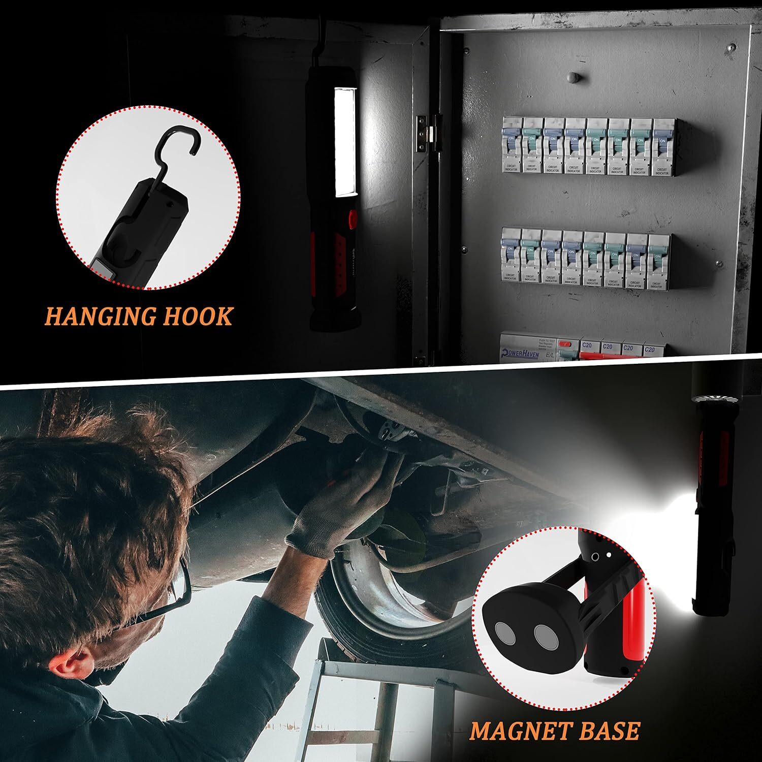 LED Work Light, Rechargeable Magnetic Flashlights for Mechanics, 360° Rotate Und