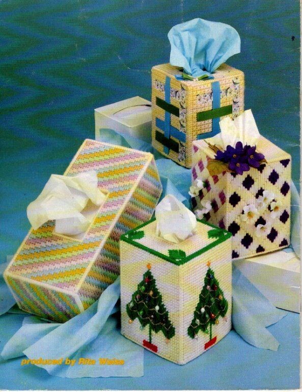 VINTAGE 1981 ASN PLASTIC CANVAS TISSUE BOX COVERS 8 DESIGNS
