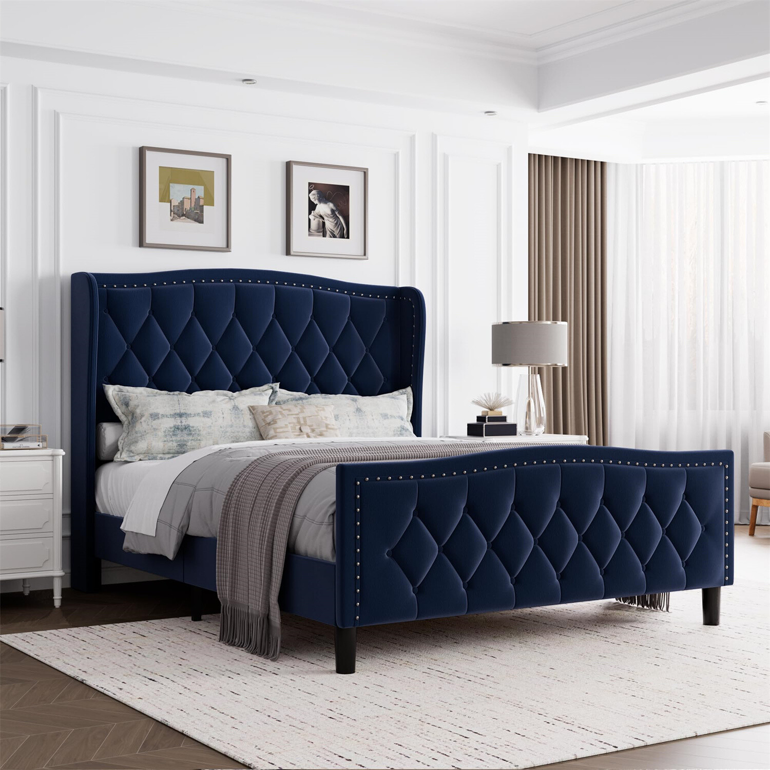 ✅Full/Queen Bed Frame Velvet Upholstered Platform Bed with Wingback Headboard