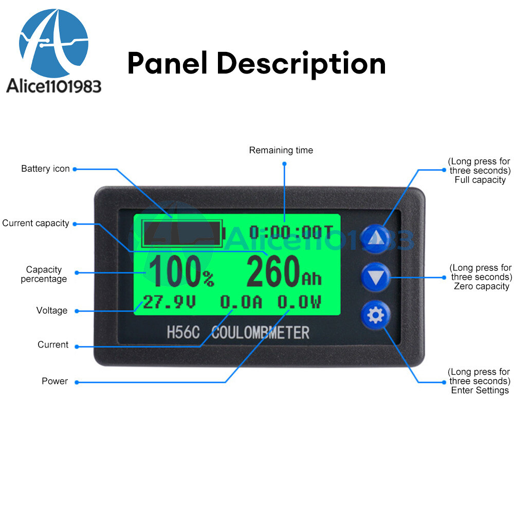 DC 9-100V 50-400A Battery Hall Coulometer Voltmeter Ammeter Coulomb Meter