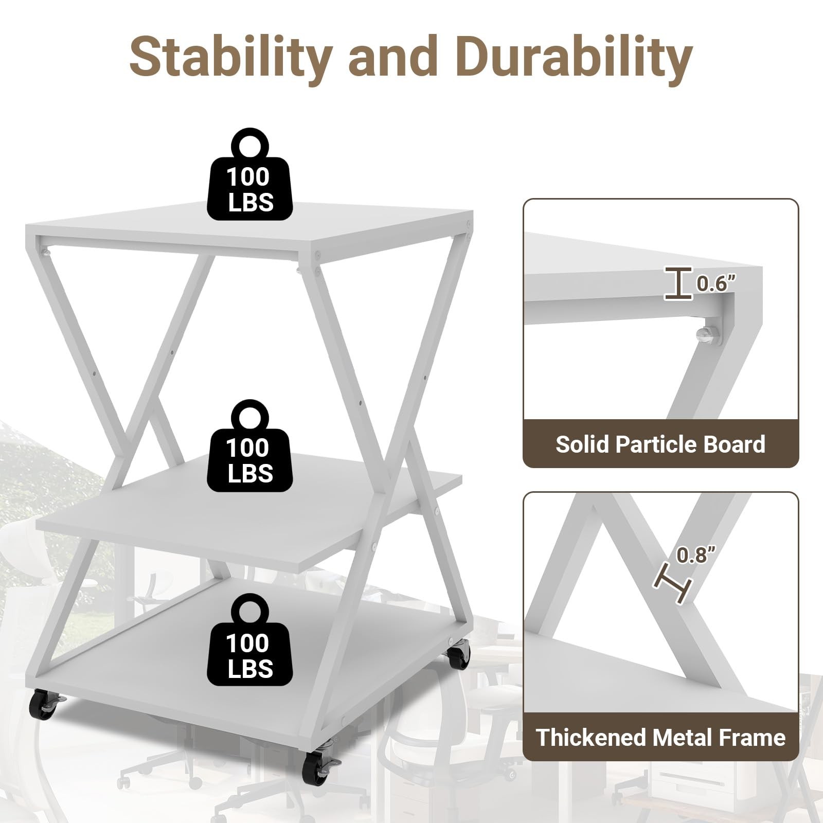 3 Tier Large Printer Table, 19.7"x19.7", Height Adjustable,White