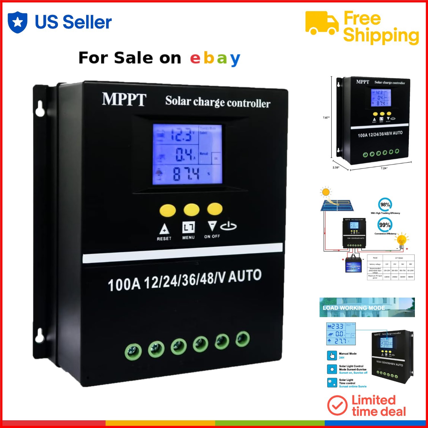100A MPPT Solar Charge Controller 12V 48V LCD Display Dual USB Battery