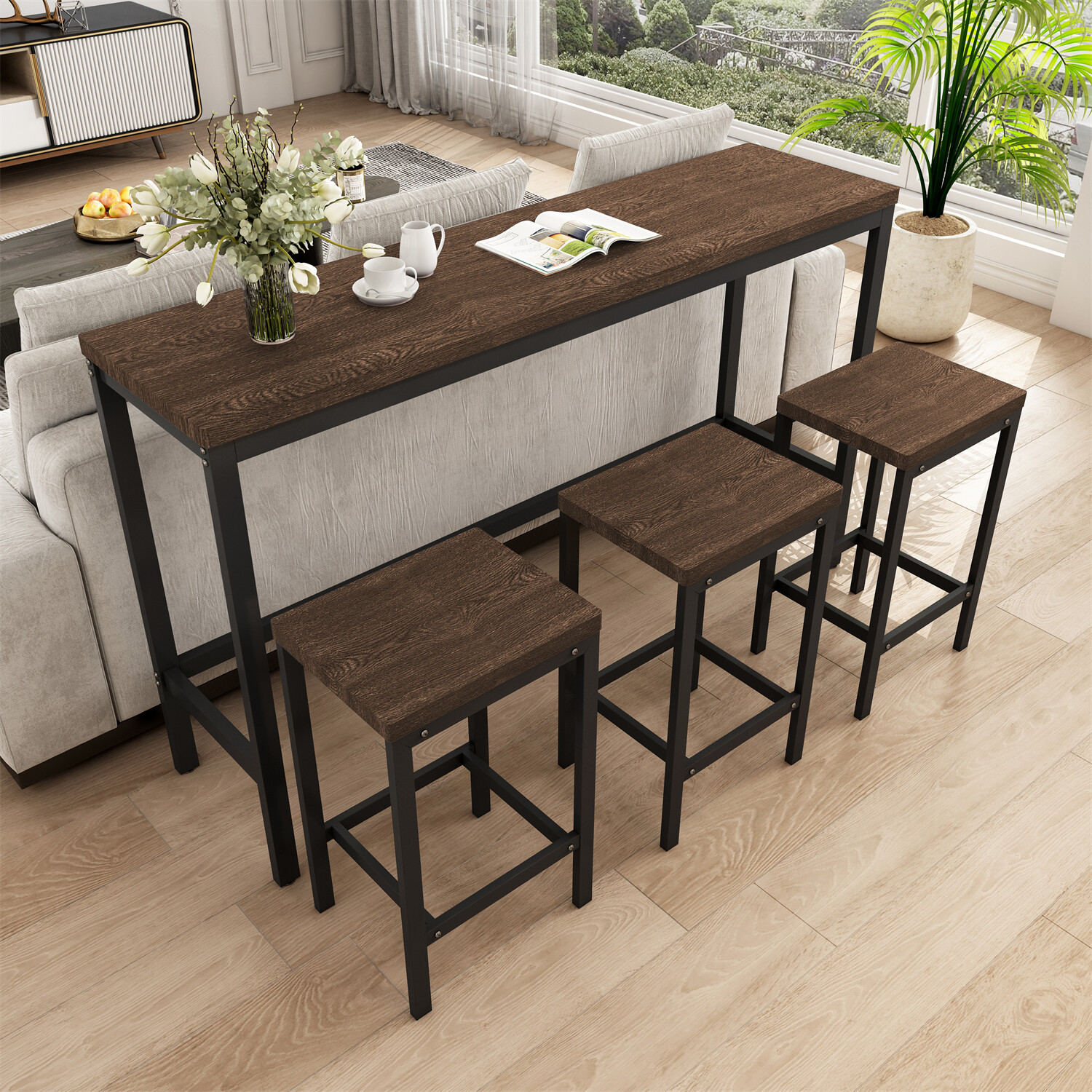 4 Piece Dining Table Set Table with 3 Stools Kitchen Breakfast Furniture US