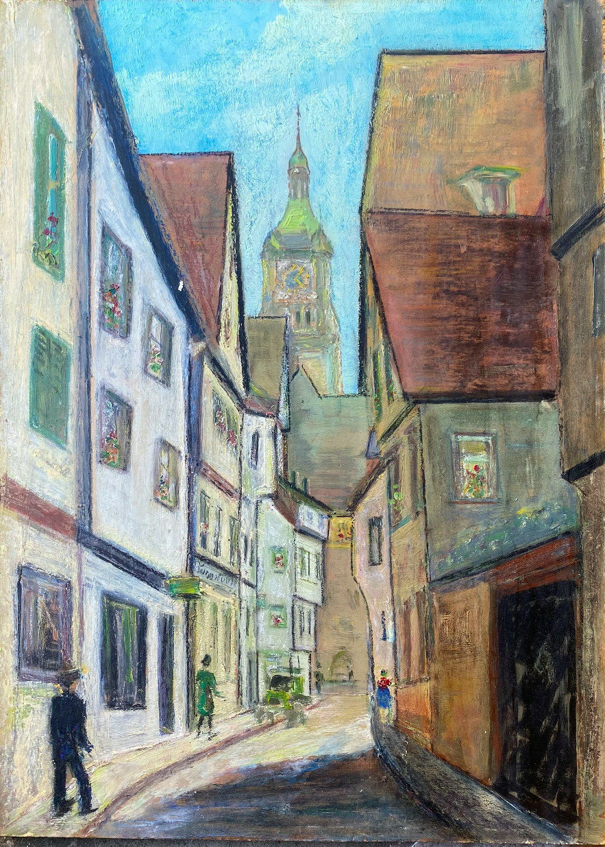 ::OIL GOUACHE VILLAGE VIEW WITH CHURCH TOWER SIDE STREET WITH PEOPLE BELL TOWER
