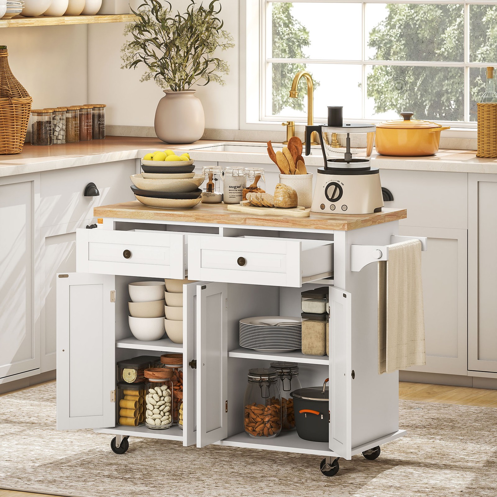 Rolling Kitchen Island Cart with Rubber Wood Top, Spices, and Towel Rack