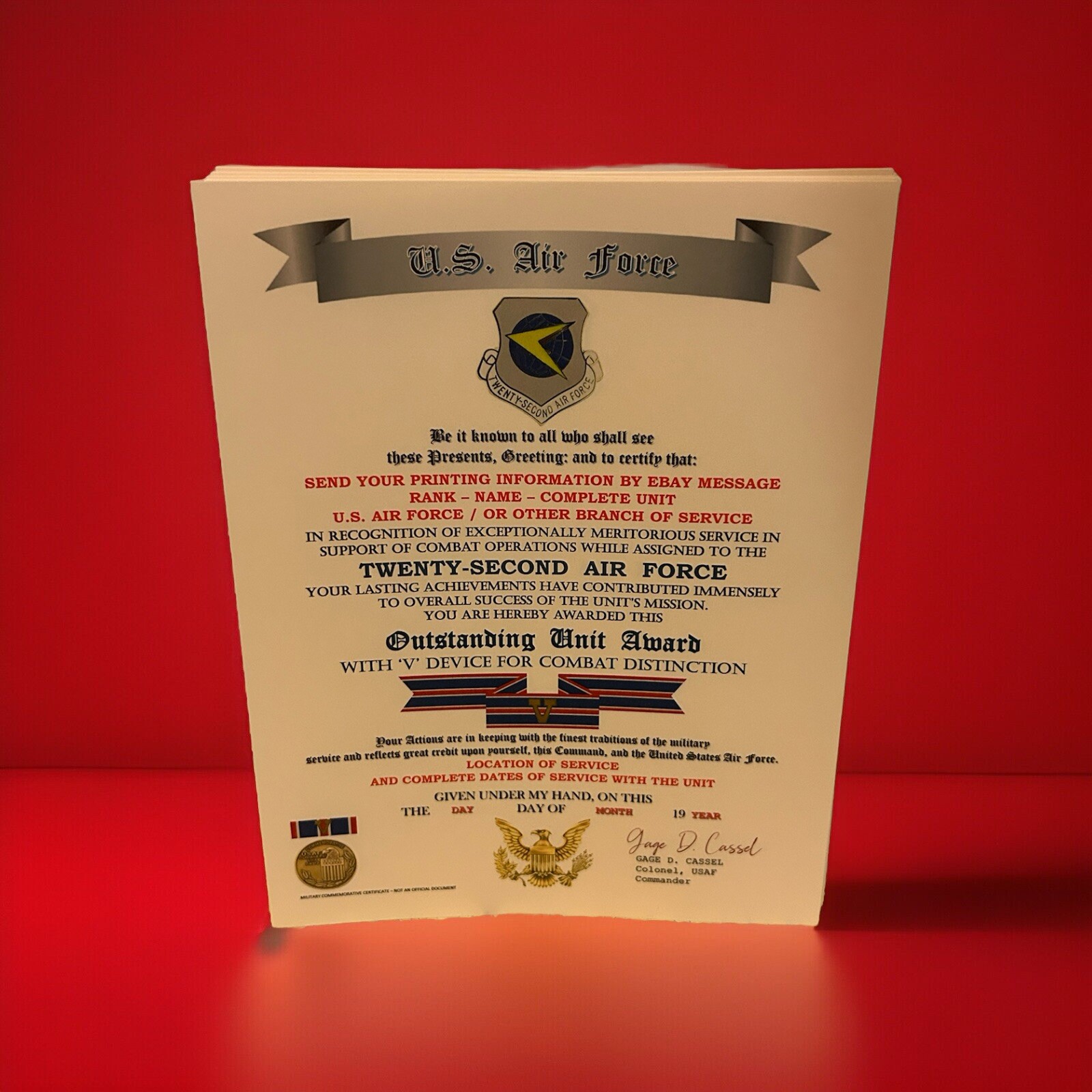 U.S. AIR FORCE / 22ND AIR FORCE - OUTSTANDING UNIT AWARD W/V DEVICE CERTIFICATE