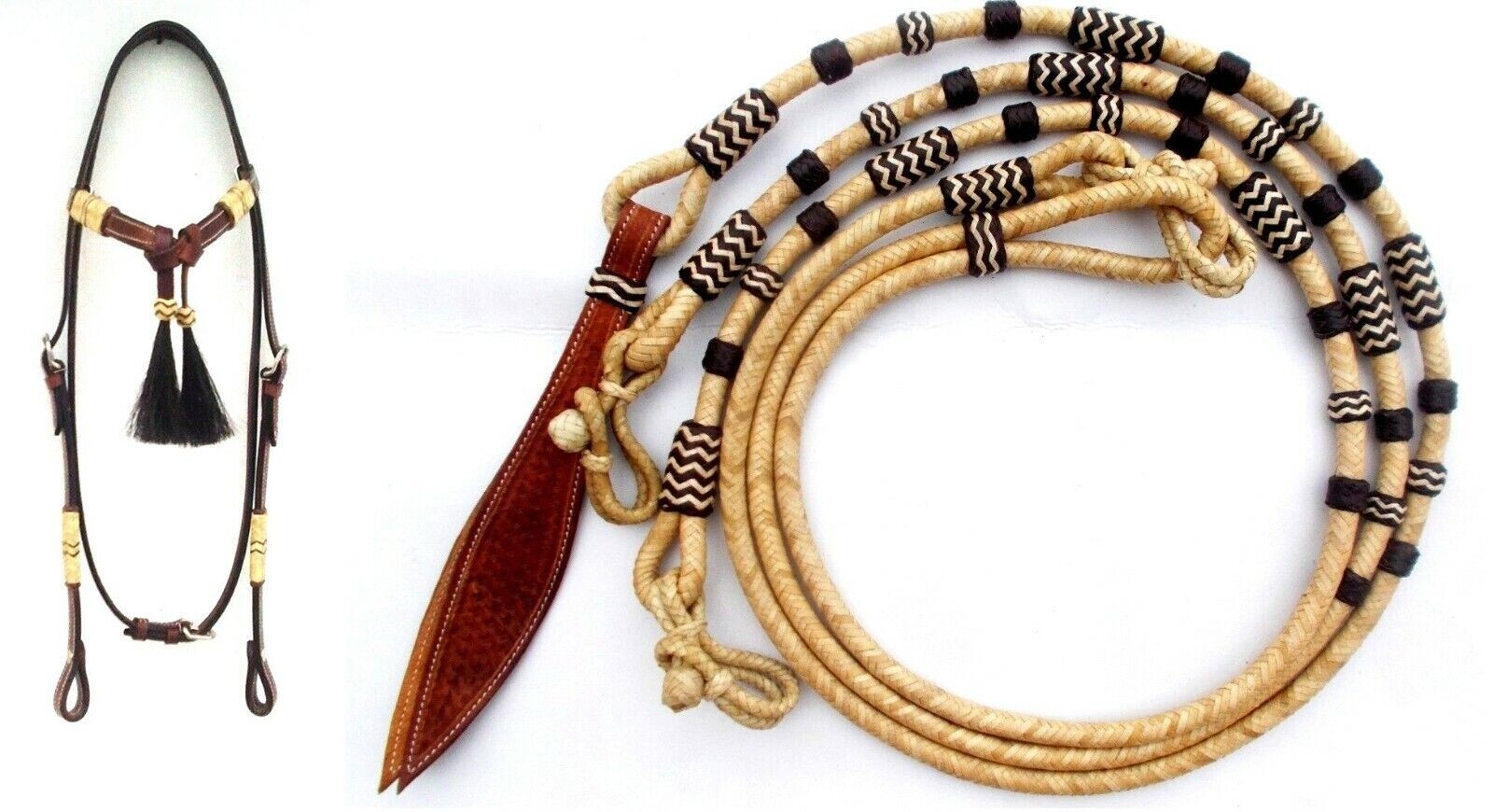 New Hand Braided Natural Rawhide Show Romel Romal Reins Horsetack Black handcraf