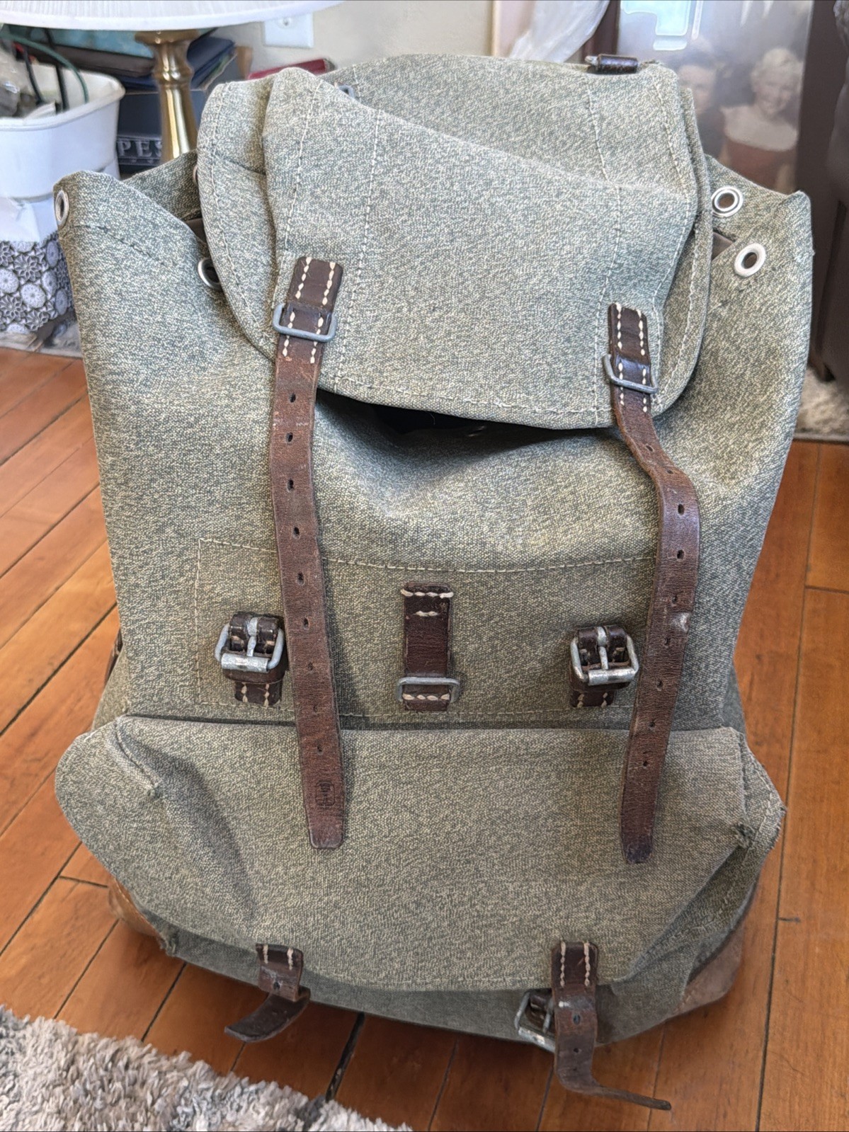 1957 Swiss Army Salt & Pepper Backpack Canvas & Leather Rucksack F Baumann-Kahl
