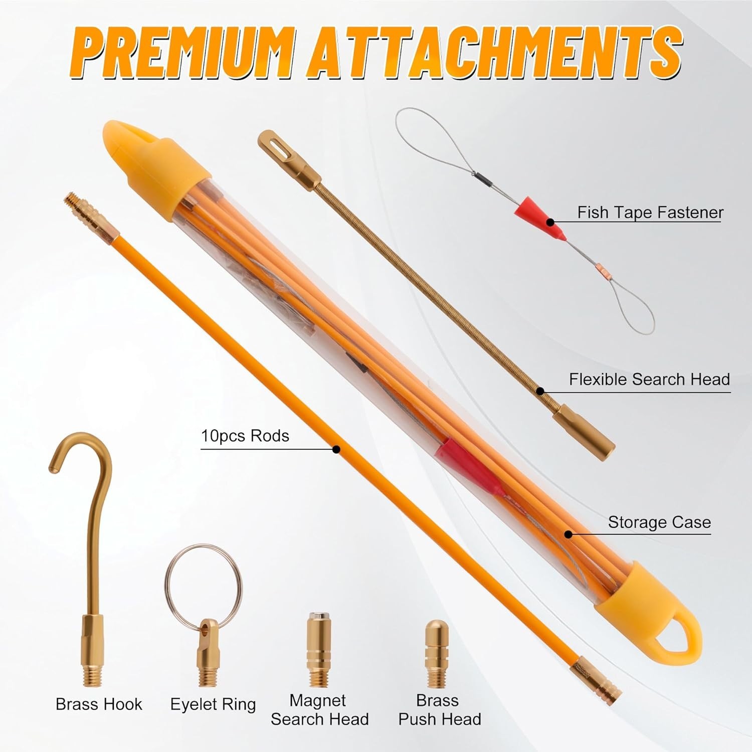 33FT Wire Puller Rods with Durable Fiberglass Material and Multiple Attachments