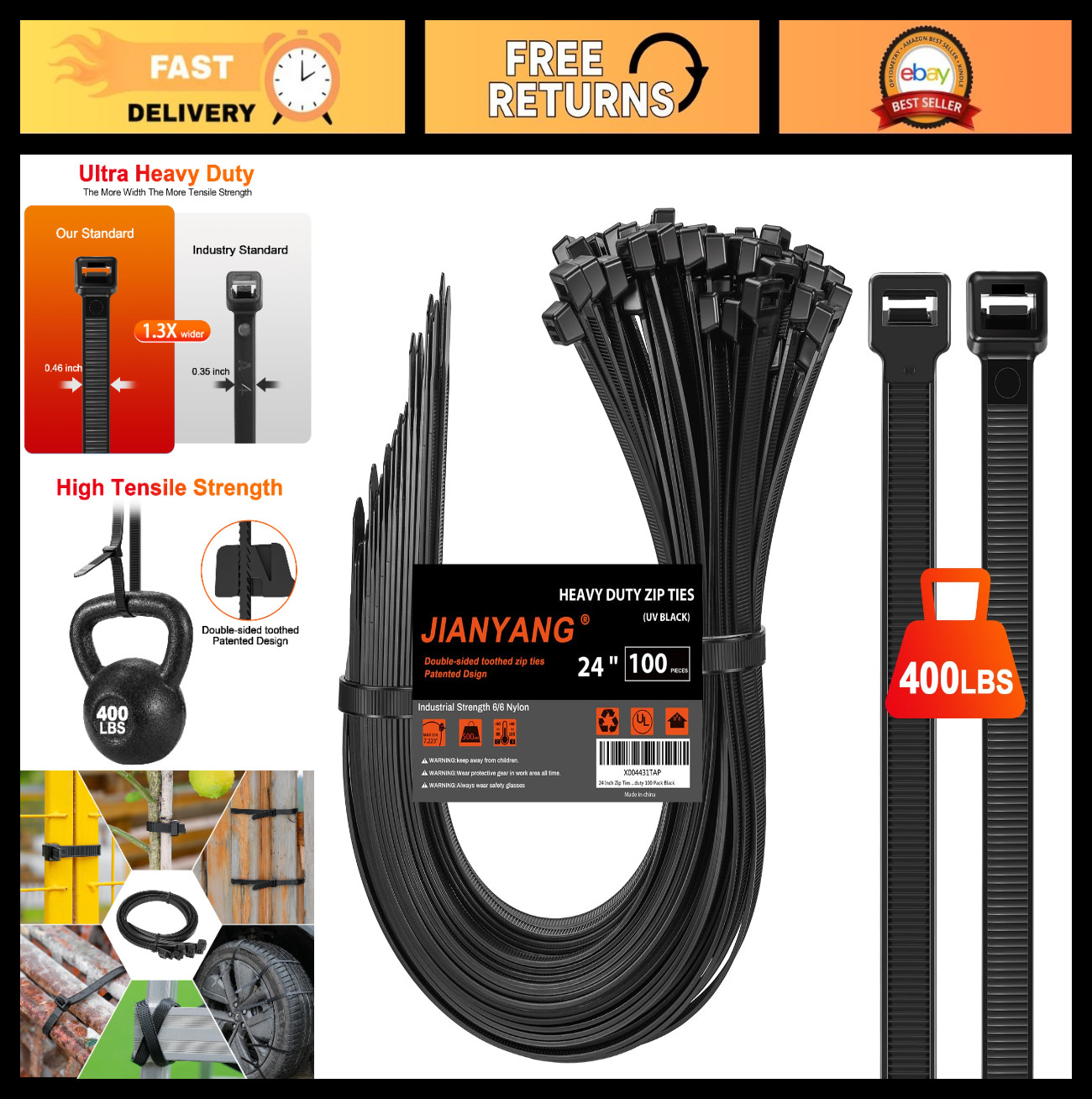 Heavy Duty 24" Zip Ties - 400 LBS Tensile Strength, Durable Cable Ties, 100 Pack