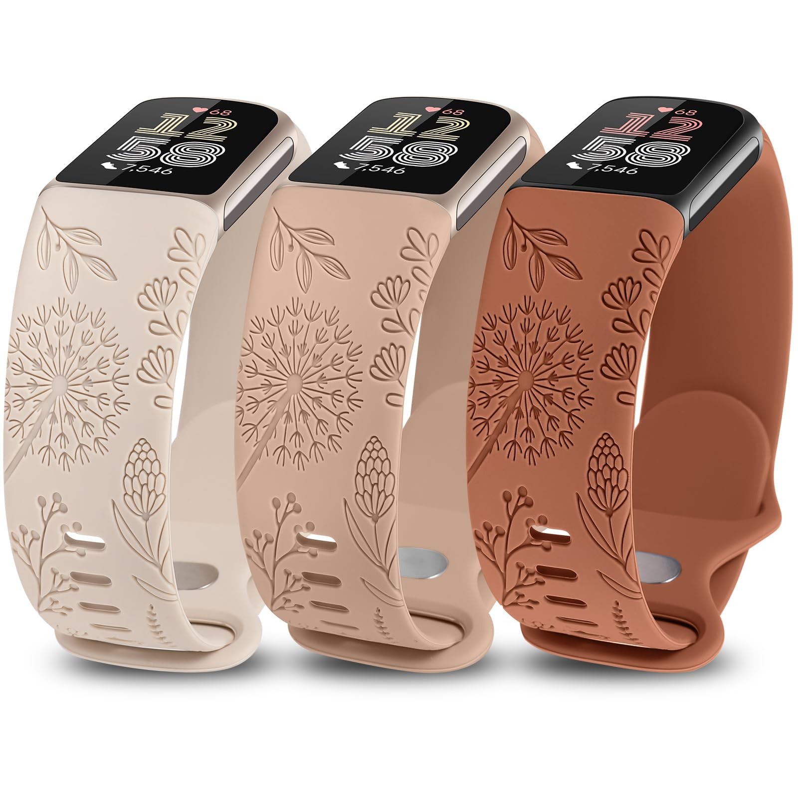 3 Packs Floral Engraved Band Compatible Fitbit Charge 6 5 Women Soft Silicone