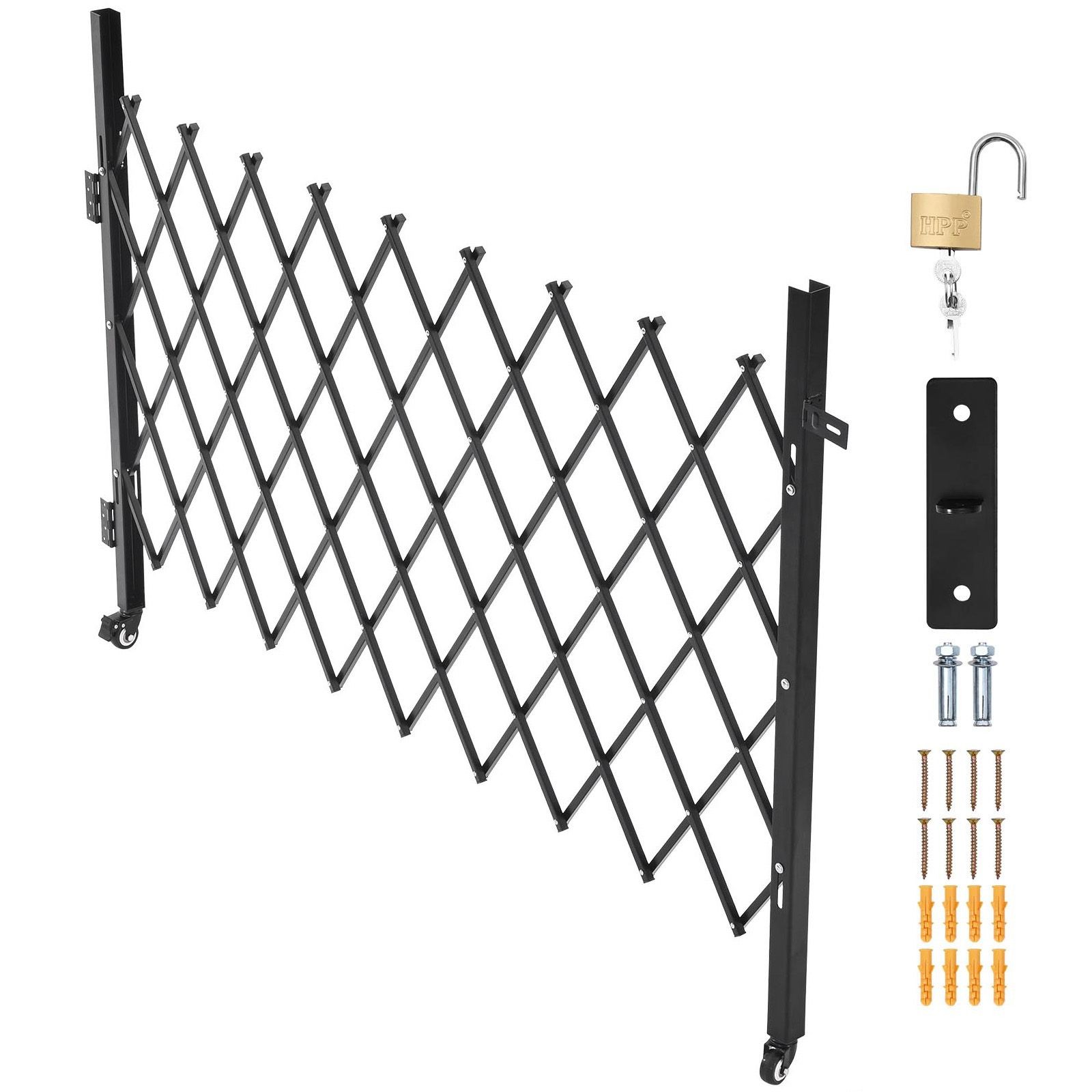 Lockable Folding Security Gate with Casters, Steel Retractable Barrier for