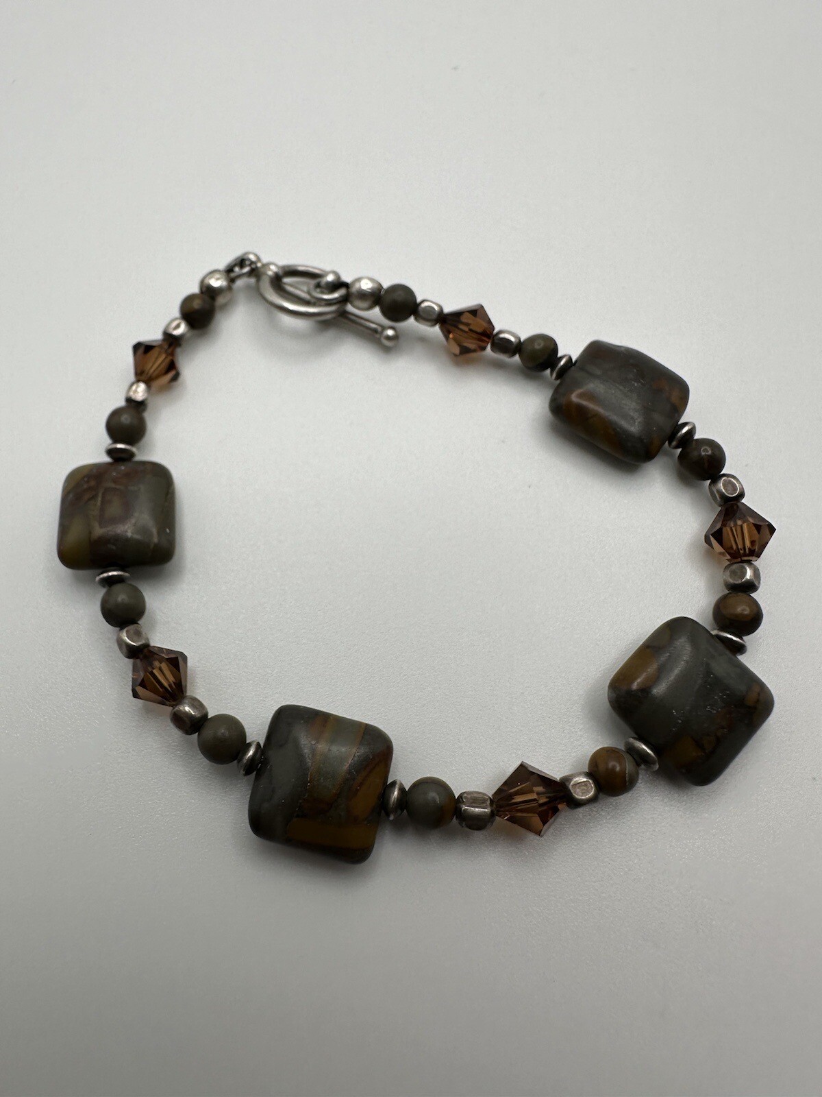 VIntage Silver Handcrafted Artisan Polished Orange Stone Bracelet 7.5" BrB2