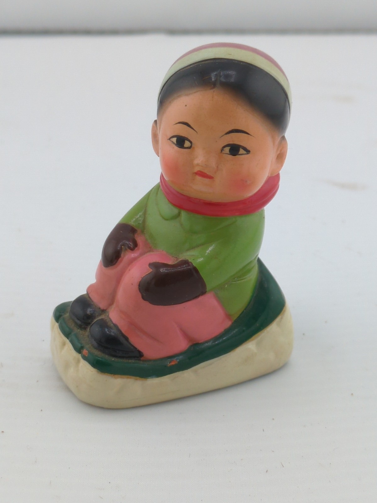 Vintage Ceramic Asian Child On Sled Sledge Pencil Sharpener 2.5"