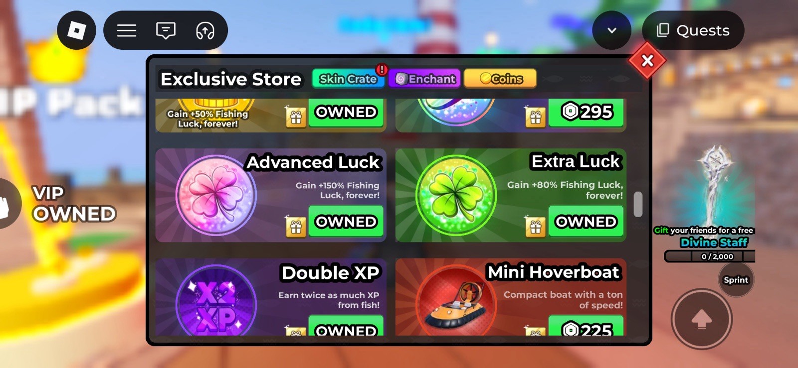 Roblox VIP Pack: Advanced Luck, Extra Luck, Double XP, Ghostfin Rod Skin