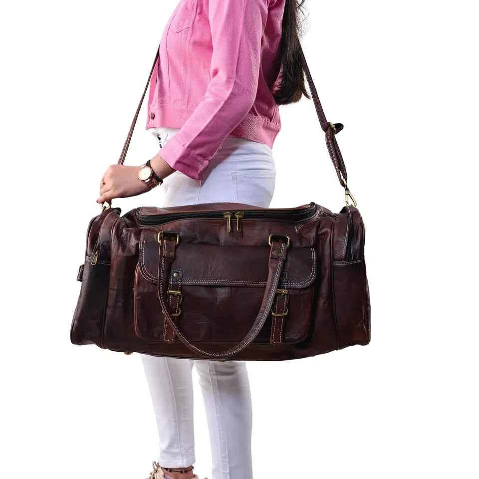 100% Real Vintage Leather Handmade Duffel Travel Luggage Overnight Weekender Ba